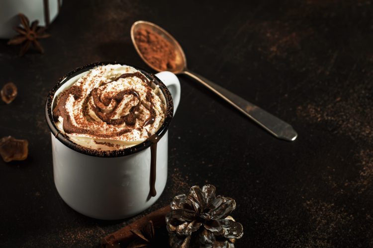 Vintage mug of hot chocolate with cinnamon sticks and marshmallows on dark background